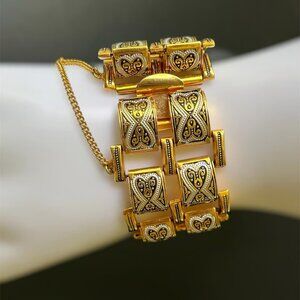 Vintage Damascene Bracelet / Thick with Wide Safety Chain, Black, Silver Accents